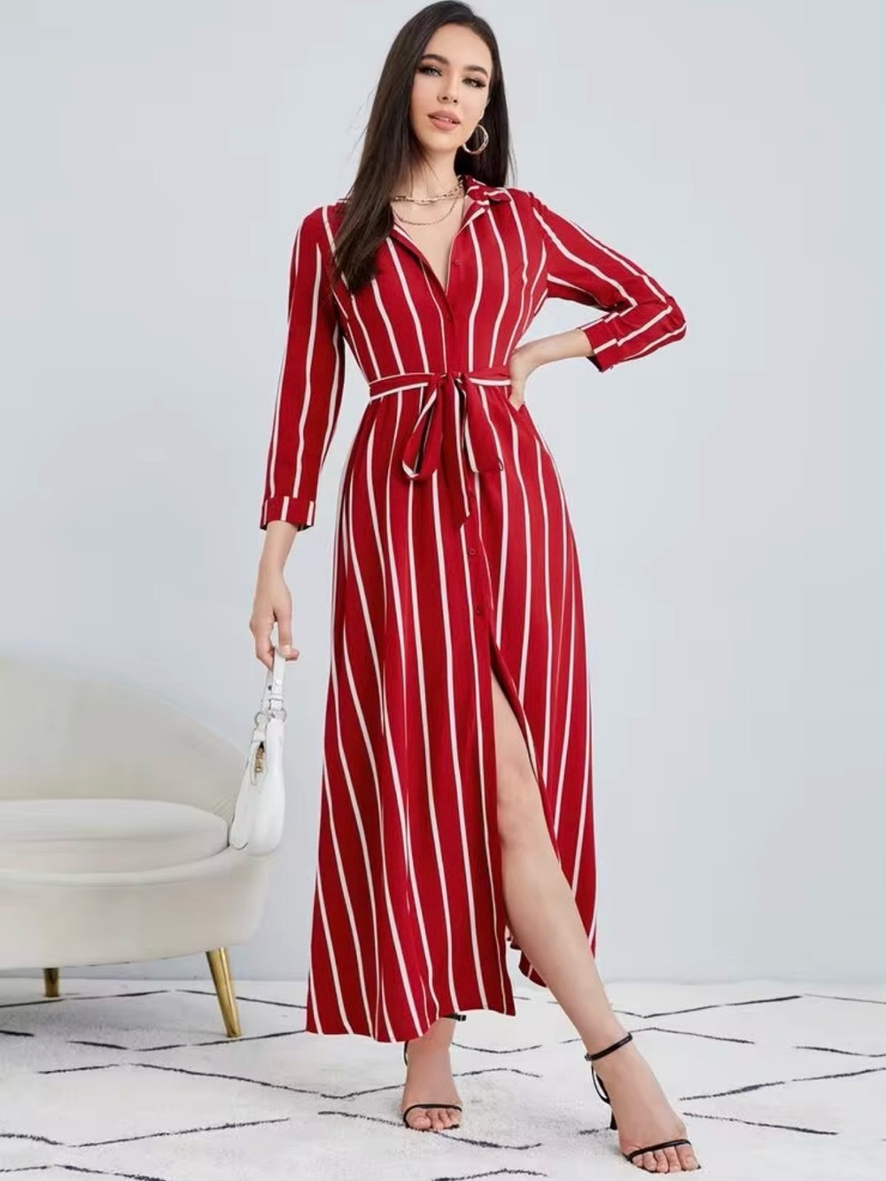Striped Red Button-Front Maxi Jumpsuit